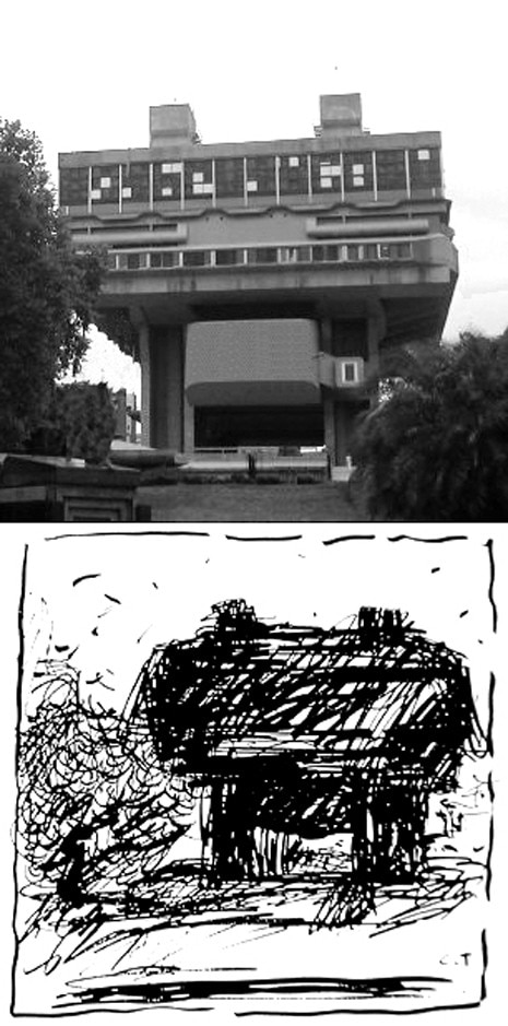 Frontal view and development sketch of the Biblioteca Nacional de Buenos Aires, with Francisco Bullrich and Alicia Cazzaniga, built in 1995 but product of a competition won thirty years earlier