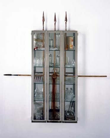 Damien Hirst, The Martyrdom of Saint Thomas, 2002. Nickel plated stainless steel and glass cabinet with medical glassware and various objects, 86 1/4 x 83 1/4 x 10 5/16 in. Courtesy Jay Jopling / White Cube. Copyright © the artist