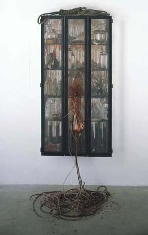 Damien Hirst, <i>The Suicide of Judas Iscariot</i>, 2002. Black powder coated cabinet with stainless steel back plate, medical glassware and various objects, 94 1/2 x 38 3/8 x 23 5/8 in. Courtesy Jay Jopling / White Cube. Copyright © the artist