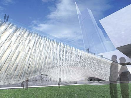 <b>Passages of Light: Memorial Cloud</b> is the proposal by the group bbc art + architecture. This entry includes an open-air structure with cathedral-like vaults and a glass walkway overhead