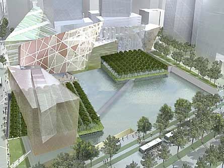 In the proposal <b>Suspending Memory</b> by Joseph Karadin and Hsin-Yi Wu a large pool covers the area and two memorial gardens will take place at the tower footprints
