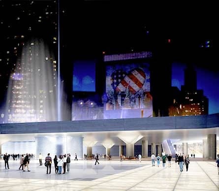 <b>Inversion of Light</b> by Toshio Sasaki includes a street-level landscaped park with a circular skylight that projects a blue light straight up from the location of the unidentified victim's remains

