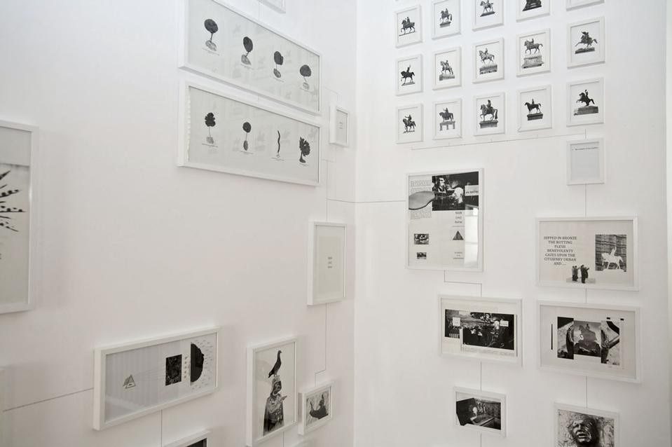 Alexandre Singh,
<i>Assembly instructions</i>,
2008. Seventy-
nine framed xerox
collages and dotted
pencil lines