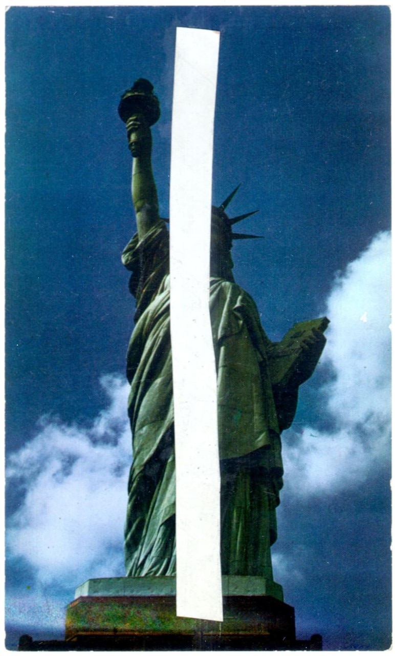 <i>Statue of Liberty 1957</i><br>
Postcard, collage<br>
5 1/2 x 3 1/2 inches (14 x 8.9 cm)<br>
Private collection<br>
Photo courtesy Harvard University Art Museums