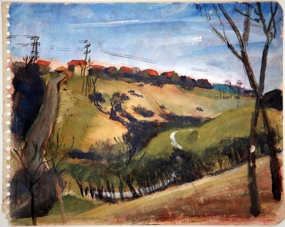 <i>Briey 1945</i><br>
Gouache on paper<br>
7 7/8 x 9 7/8 inches (20.0 x 25.1 cm)<br>
Private collection<br>
Photo courtesy the artist