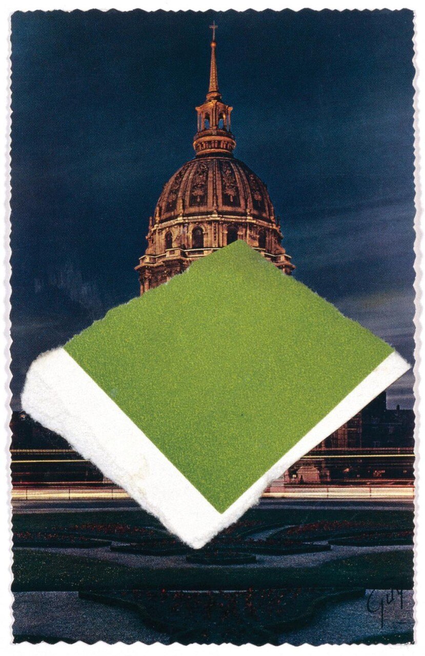 <i>Study for Green & White Sculpture for Les Invalides 1964</i><br>
Postcard, collage<br>
5 3/8 x 3 3/8 inches (13.7 x 8.6 cm)<br>
Private collection<br>
Photo courtesy Solomon R. Guggenheim Museum