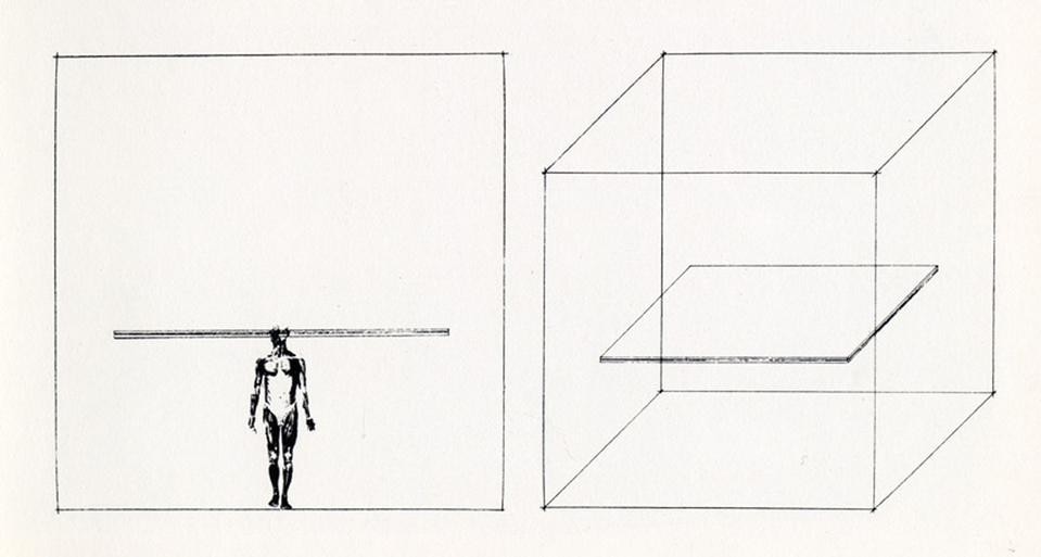 Giulio Paolini, <i>Orizzontale</i>, elevation and axonometry, 1963, diptych, 40x54 cm, collage.