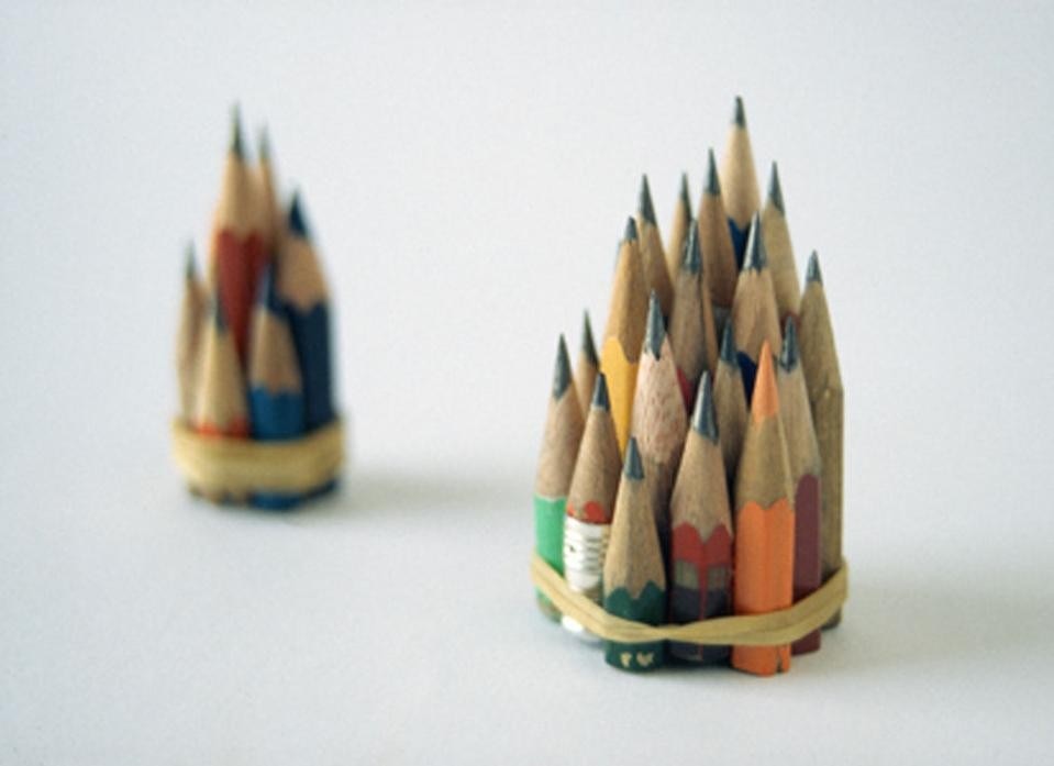 Pavel Büchler, <i>
Short Stories (Central Library, Cambridge)</i>, 1996. 18 used pencils found in Cambridge Central Library, rubber band 
3 x 3 x 5 cm (plus a schematic drawing of a library bookshelf) 
Unique. Courtesy of the artist.