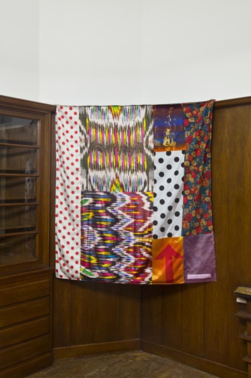 Robert Rauschenberg, <i>
SAMARKAND STITCHES #II</i>, 1988, fabrics (courtesy Galerie Isabella Bortolozzi; photo by Nick Ash). Robert Rauschenberg, <i>
SAMARKAND STITCHES #II</i>, 1988, fabrics (courtesy Galerie Isabella Bortolozzi; photo by Nick Ash).