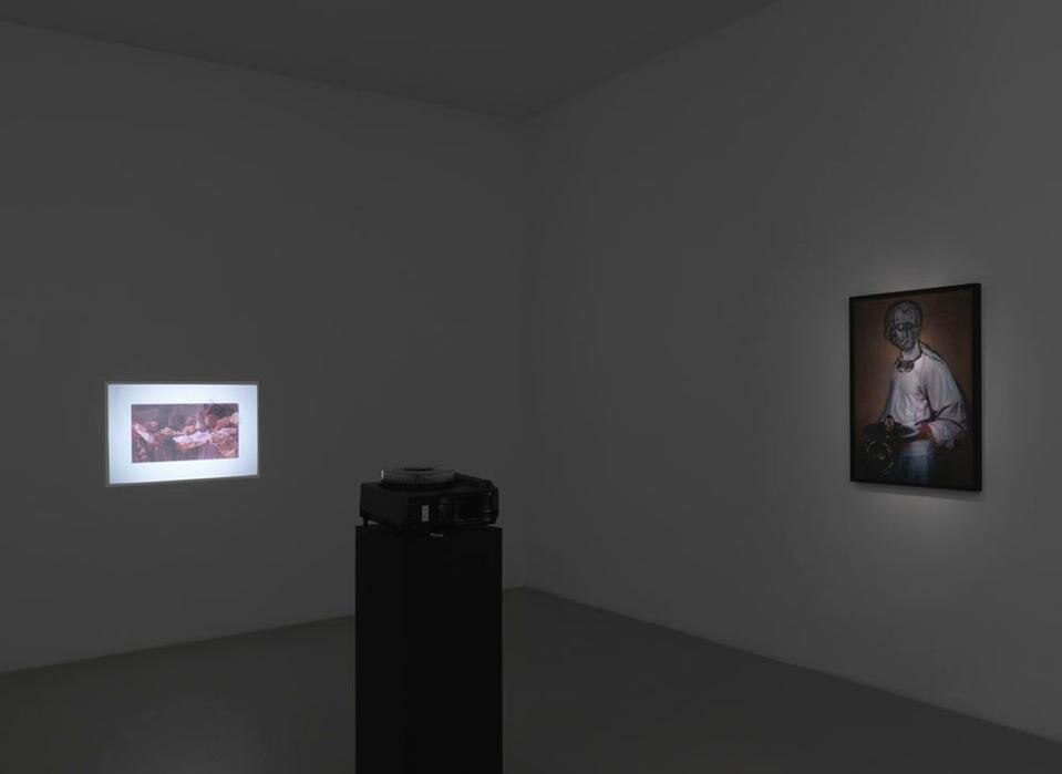 Pietro Roccasalva, <i>
II Traviatore</i>, 2010. 
acrylic on canvas, 86,5 x 59 cm. Study for <i>Tableau Vivant (D’Apres Pasolini La Ricotta)</i>, 2010. Slide projection, graphite on paper.
