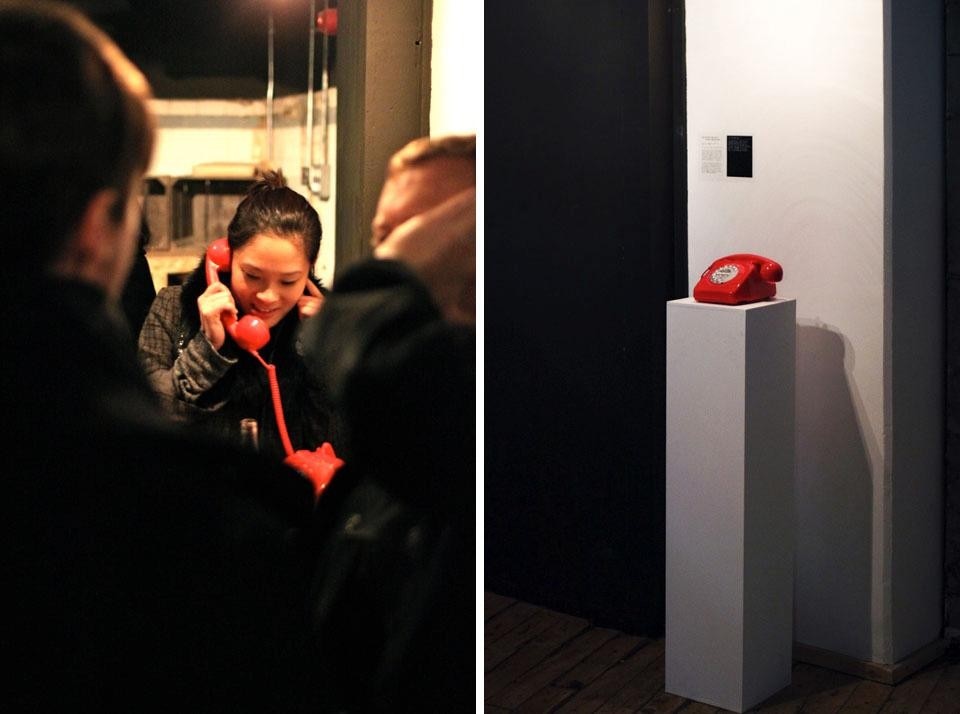 The Go West Project installed a telephone into The Gopher Hole which rings every hour or so.  Visitors to the gallery pick up the telephone and have a short conversation with someone in China, discussing anything from the weather to work, friends, families and respective cities