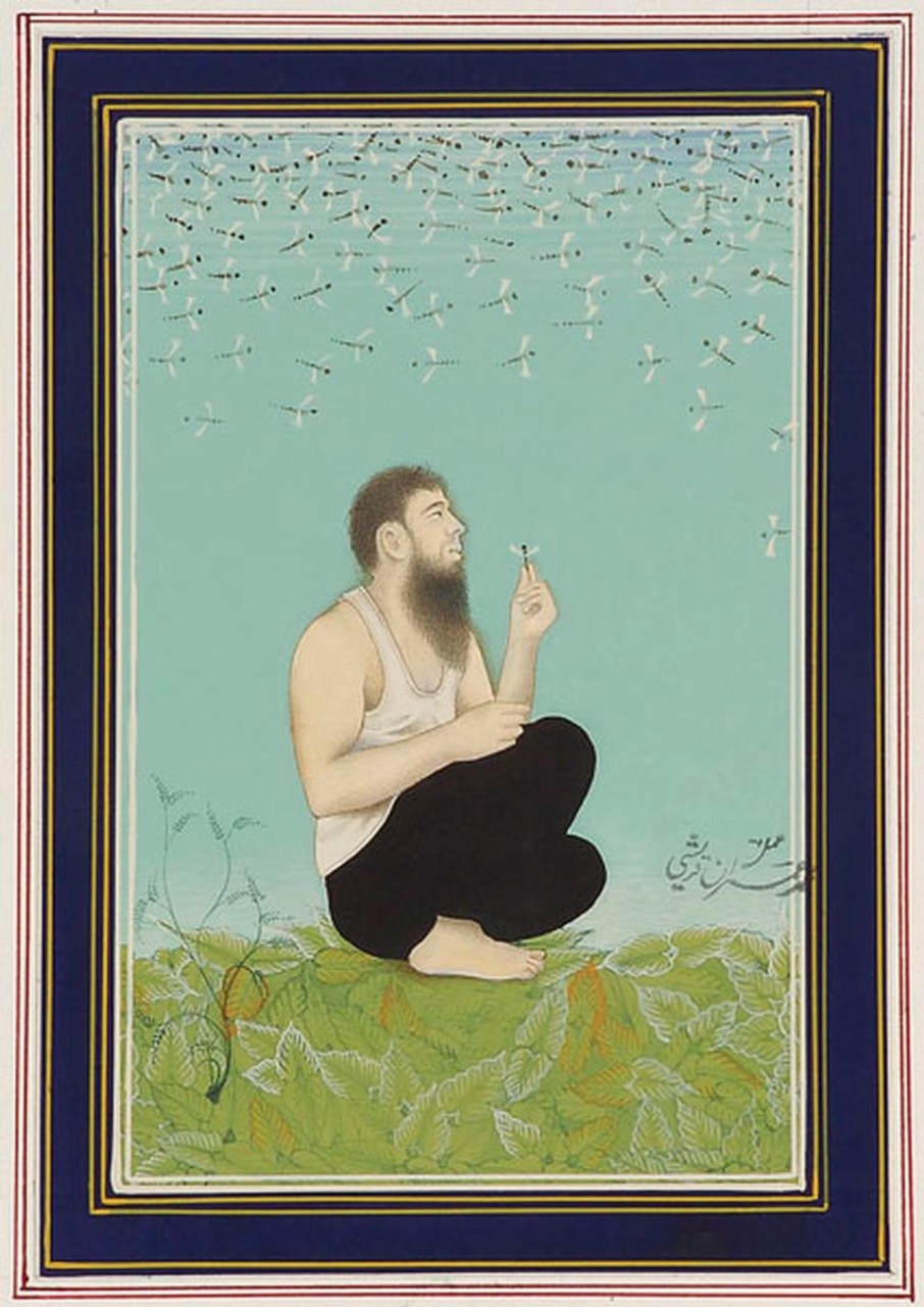 Imran Qureshi, <i>Moderate Enlightenment,</i> 2005–2010, 16 paintings (from a series of 20) Opaque watercolour on wasli paper Courtesy of Aicon Gallery; Asal Collection Limited; Canvas Gallery, Pakistan; Khanna Family Collection; MAXXI Museo Nazionale delle Arti del XXI Secolo, Rome; Ali and Amna Naqvi; Private Collection; The Rachofsky Collection; Roddy and Kumiko Ropner; Julie Thornton.