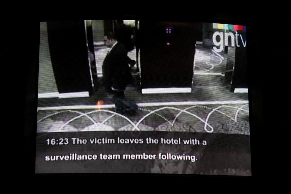 Shumon Basar, Eyal Weizman, Jane and Louise Wilson, <i>Face Scripting: What Did the Building See?</i>, 2011. Single screen projection, surround sound, gauze box, 2 mirrors, HD projector, CCTV monitor showing footage from YouTube Commissioned by Sharjah Art Foundation, co-produced by the Farook Foundation with Mohammed Hafiz & Dalia Asaad and Luis Augusto Teixeira de Freitas.
Thanks to Nick Joyce/Enigma FX for in-kind sponsorship.
Shumon Basar, Eyal Weizman, Jane and Louise Wilson, <i>Face Scripting: What Did the Building See?</i>, 2011. Single screen projection, surround sound, gauze box, 2 mirrors, HD projector, CCTV monitor showing footage from YouTube Commissioned by Sharjah Art Foundation, co-produced by the Farook Foundation with Mohammed Hafiz & Dalia Asaad and Luis Augusto Teixeira de Freitas.
Thanks to Nick Joyce/Enigma FX for in-kind sponsorship.