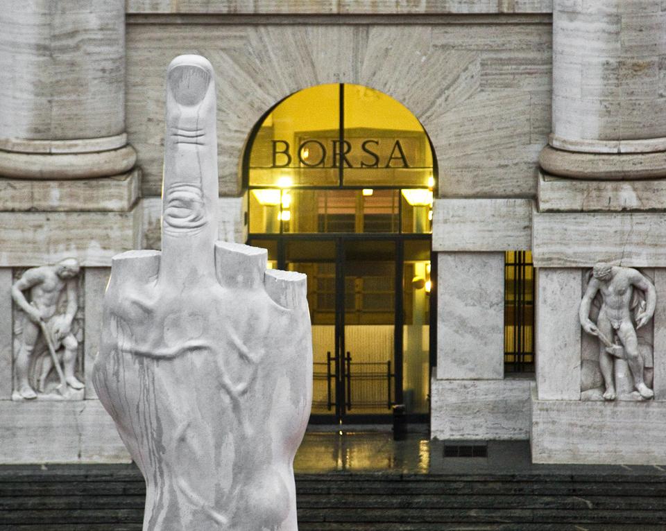 Maurizio Cattelan, <i>L.O.V.E.,</i> 2010, Piazza Affari Milano. Photo Zeno Zotti.