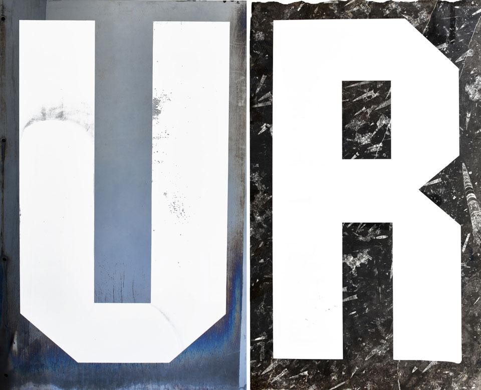 Cyprien Gaillard, <i>UR, Underground Resistance and Urban Renewal,</i> 2011. Silkscreen on glass and black marble, 241 x 246.5 cm each. Courtesy of Galerie & Bugada Cargnel, Paris.