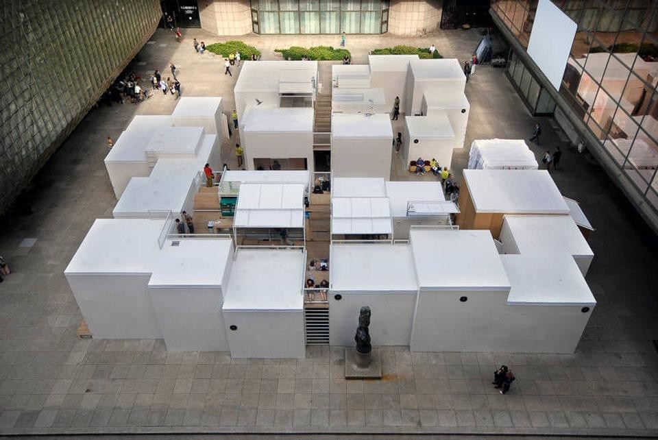 Top image: St Anne Church, the site for the Architecture Section of PQ. Photo by Nick Kapica. Above: The agglomeration of individual performance boxes that made up Intersections. Photo by Miroslav Halada
