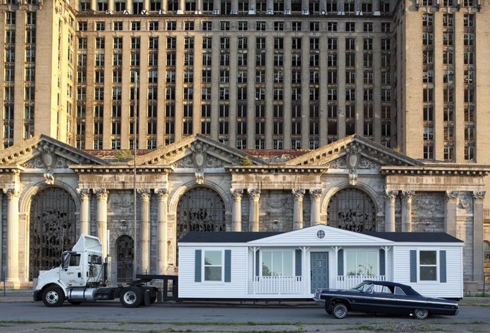 Top: Jerome Hiler (b. 1943). Still from <em>Words of Mercury</em>, 2011. 16mm film, color, silent; 25 min. © Jerome Hiler; courtesy the artist. Above: Mike Kelley (1954-2012). <em>The Mobile Homestead</em> in front of the abandoned Detroit Central Train Station, 2010. © Mike Kelley. Photograph by Corine Vermuelen