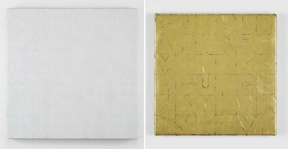 Left, <em>White Senza Titolo</em>, 2012. Right, <em>Small Gold Senza Titolo</em>, 2012