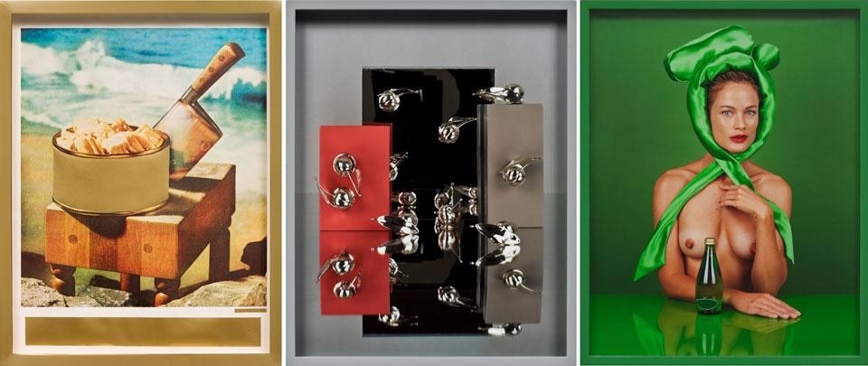 Left to right: <em>Tuna Can</em>, 2009; <em>Cherries (Silver)</em>, 2012; Woman (Green Bow), 2012