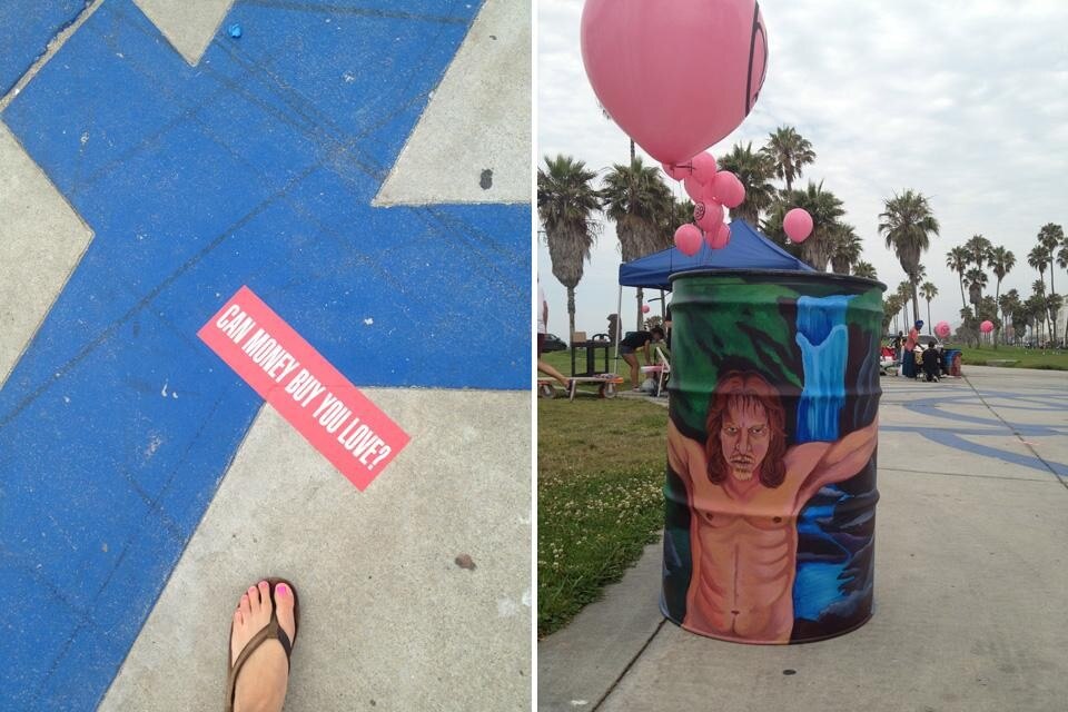 Left, Barbara Kruger stickers. Right, Mark Grotjahn Left, Barbara Kruger stickers. Right, Mark Grotjahn