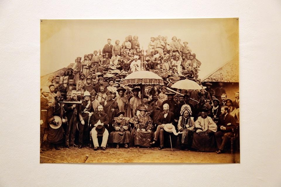 Paola Pivi, <em>Tulkus 1880 to 2018</em>, 2012. This is the oldest known photograph of a <em>tulku</em>. Dated 6 June 1873, it portrays Sidkyong Tulku, the eighth king of Sikkim, with Sir John Ware Edgar, Deputy Commissioner of the Darjeeling. Photo by Robert Phillips, courtesy of the British Library