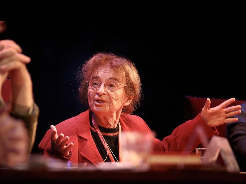 Political philosopher Agnes Heller, speaking at the <em>The Crisis in our World</em> panel