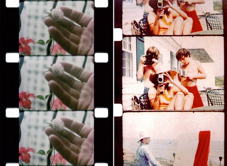 Top: Jonas Mekas. Photo by Liz Wendelbo. © Jonas Mekas. Above: left, Jonas Mekas, <em>Walden</em>, 1969, <em>Window flower</em>, 16mm film. © 2012 Jonas Mekas. Right, Jonas Mekas, <em>This Side of Paradise</em>, 1999. The Kennedy family on their holiday in Montauk, New York, 1972. 16mm film. © 2012 Jonas Mekas