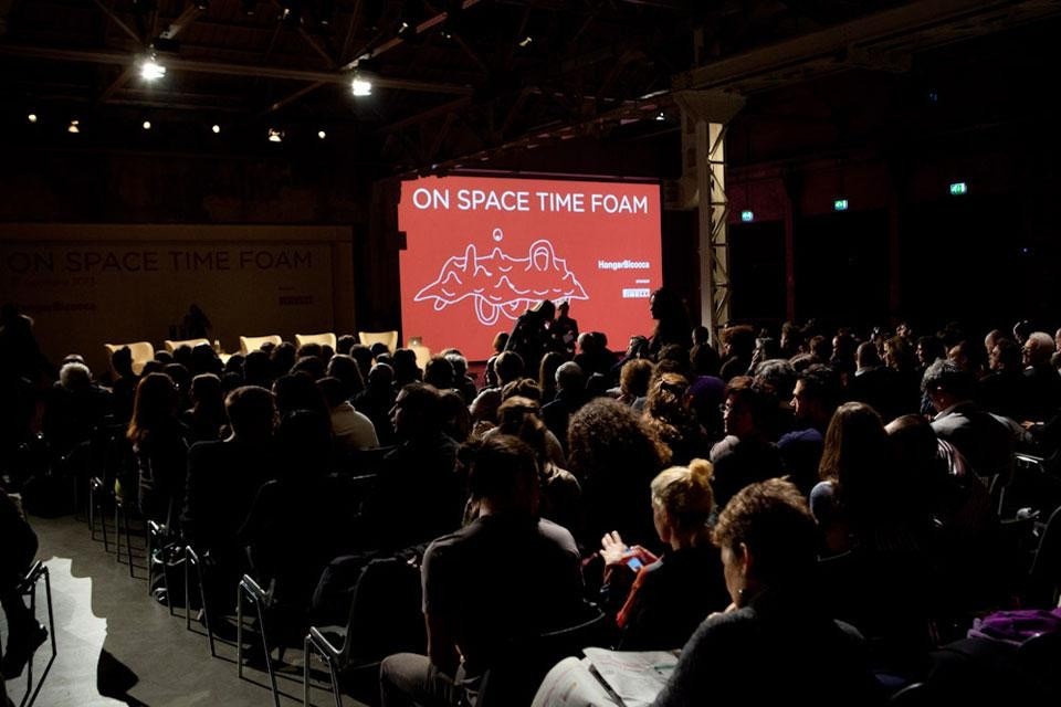 Top: From left, Molly Nesbit, Bruno Latour, Joseph Grima and Tomás Saraceno. Above: View of the event at Hangar Bicocca