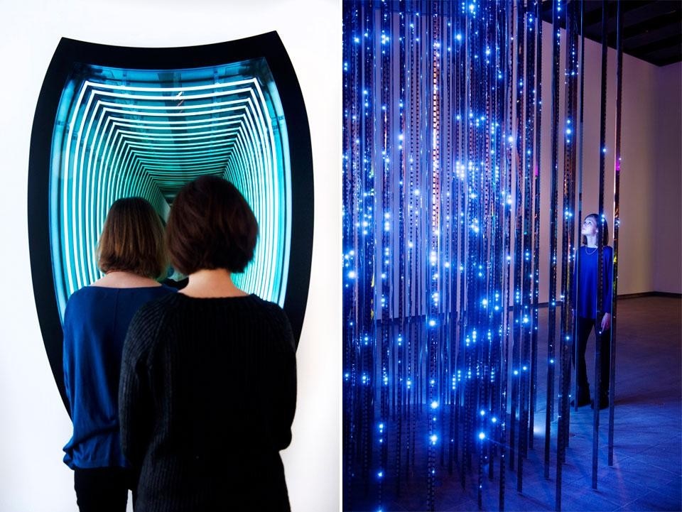 Left, Iván Navarro, <em>Burden (Lotte World Tower)</em> (2011). ©the artist. Courtesy of Paul Kasmin Gallery. Right, Leo Villareal, <em>Cylinder II</em> (2012). ©the artist. Courtesy of the artist and GERING & LóPEZ GALLERY, NY
Left, Iván Navarro, <em>Burden (Lotte World Tower)</em> (2011). ©the artist. Courtesy of Paul Kasmin Gallery. Right, Leo Villareal, <em>Cylinder II</em> (2012). ©the artist. Courtesy of the artist and GERING & LóPEZ GALLERY, NY
