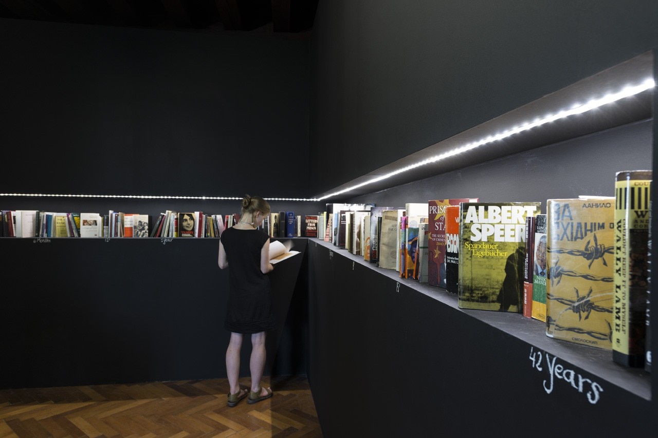 Ines & Eyal Weizman, Celltexts, books and other works product in prison, 2008, installation, Photo Yuri Palmin, Courtesy V-A-C Foundation