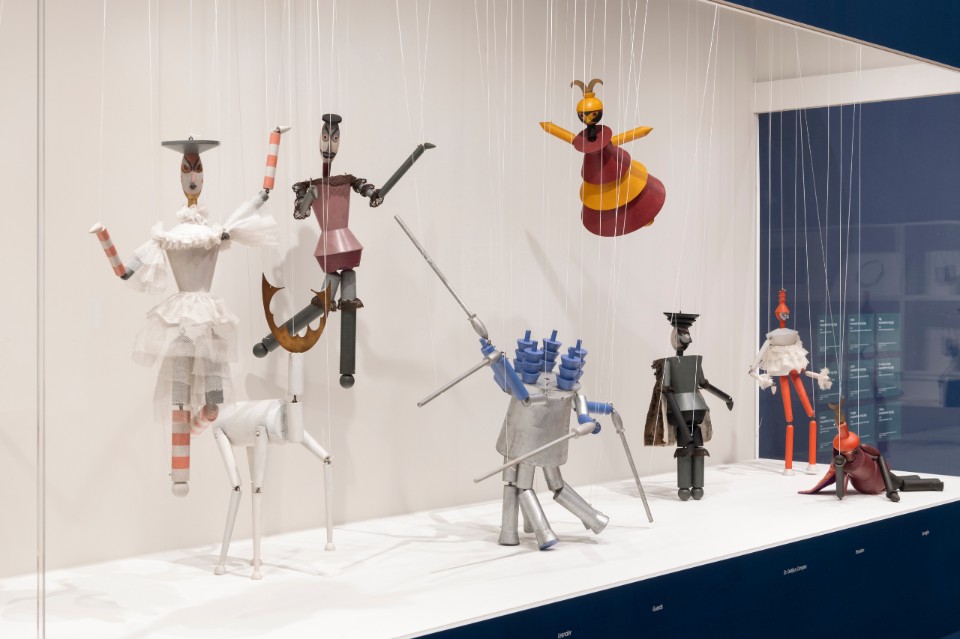 Sophie Taeuber-Arp, marionettes for "King Stag", 1918. Exhibition view at the Tate Modern. Photo Seraphine Neville