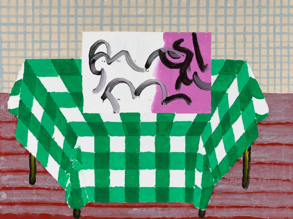 David Hockney, Abstraction Resting on a Green and White Checkered Tablecloth, 2025. Acrylic on canvas, 36 x 48 in. (91.4 x 121.9 cm) © David Hockney. Photo: Prudence Cuming.