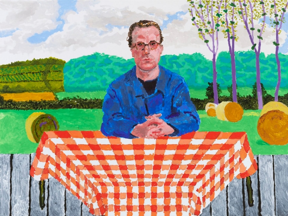 David Hockney, Jack Ransome Resting on an Orange and White Checkered Tablecloth, 2025. Acrylic on canvas, 36 x 48 in. (91.4 x 121.9 cm) © David Hockney. Photo: Prudence Cuming.