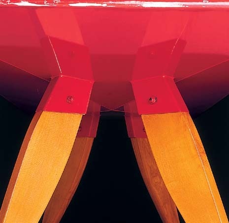 Prouvé explored the aesthetic potential of metal plate with means suited to industrial production, as demonstrated by the car-body paints used to glaze the surfaces of the table shown at the 9th Milan Triennale in 1951