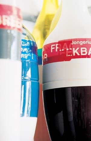 The Groove and Long Neck Bottle vase series were the product of an exploration in 2000 of the possibility that objects could be seen as belonging to family groups, each with their own personalities but with common traits. Adhesive tape serves to connect glass and ceramics
