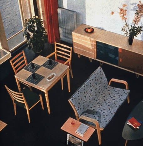 The 1952 catalogue: dining table model TB24, sofa model Arjan MB05 with coffee table TB19, and seats model SB09  