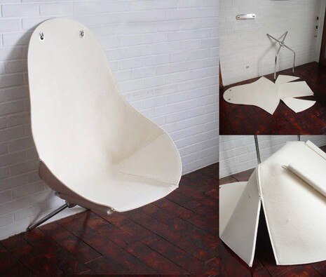 “Dependent Chair” in wool felt with tubular metal frame by Arata Asada