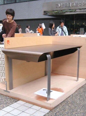 “Tubetop”, table with compartment and metal structure by Ikebe Junichi