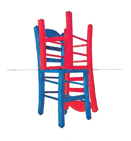 “Perceptions depend on point of view”, cover of Domus (no. 774, September 1995). Two chairs, noticed while lying on a beach, prompted the thought that our perceptions are formed by points of view. By slightly moving his head Alan Fletcher noticed that the stacked chairs could be bisected by the horizon