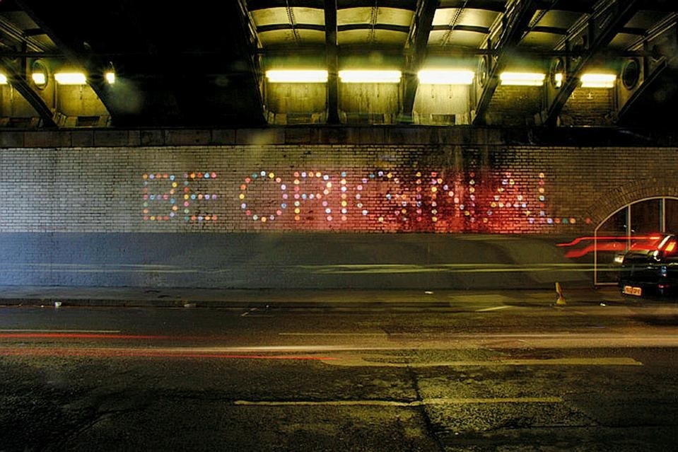 The <i>Be
Original, Be Modern</i>
light installation
under the Bridgewater
Tunnel