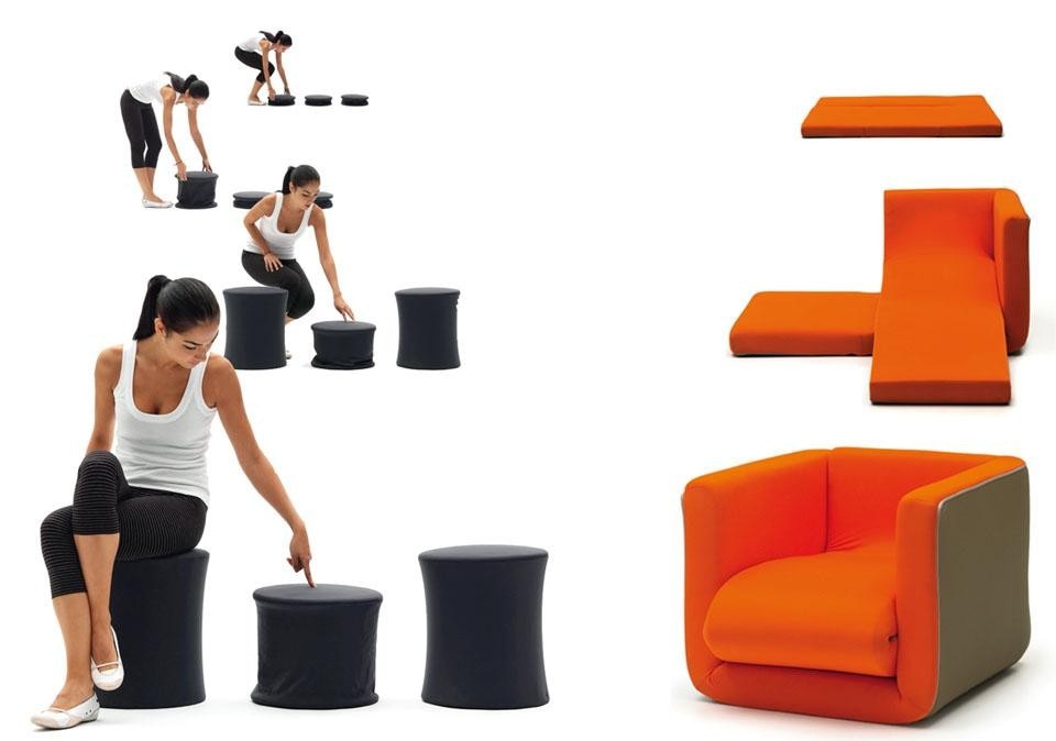 Left: Yo.Yo, designed by Giulio Manzoni, 2009.
A seat but also a pouf or table, once
squashed and folded it can fit anywhere. Right: Ori.Tami, designed by Giulio
Manzoni, 2007. This armchair can become
a chaise longue and, if necessary, a bed.
It is a multitasking object that occupies very
little space when completely closed, but
when opened up it assumes the dimensions
of a double bed. Ori.Tami is animated
by a reflection on the interchangeable
functionality of the tatami.