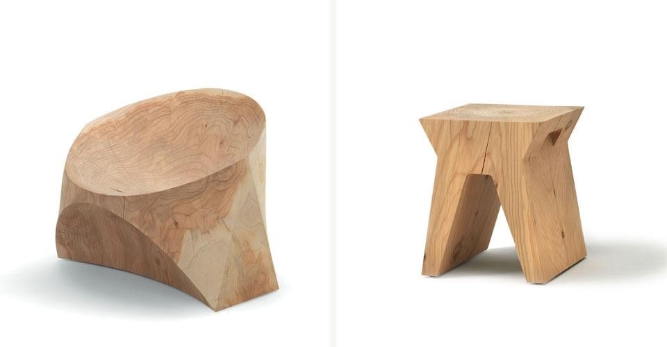 Kairo armchair, designed by Karim Rashid; Sid stool, designed by David Dolcini. Both are made from a single piece of solid fragrant cedar wood; once rough-hewn, the piece is processed by a special machine that shapes the wood before it is hand finished.