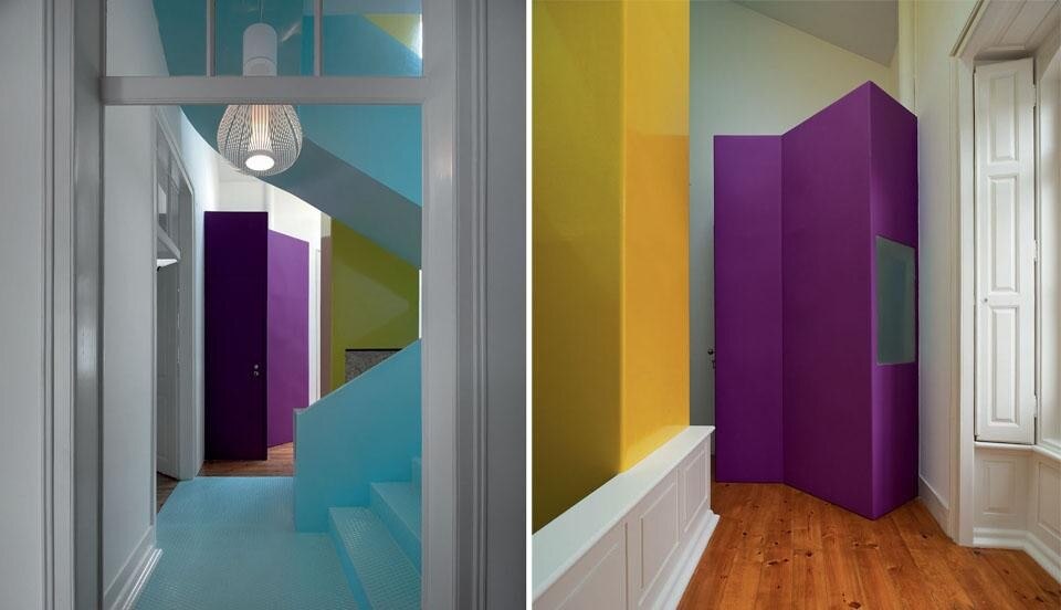 A small bathroom
is hidden in a purple box on
the stair landing, which is lit by
a Chasen S suspension light
designed by Patricia Urquiola
and manufactured by Flos.