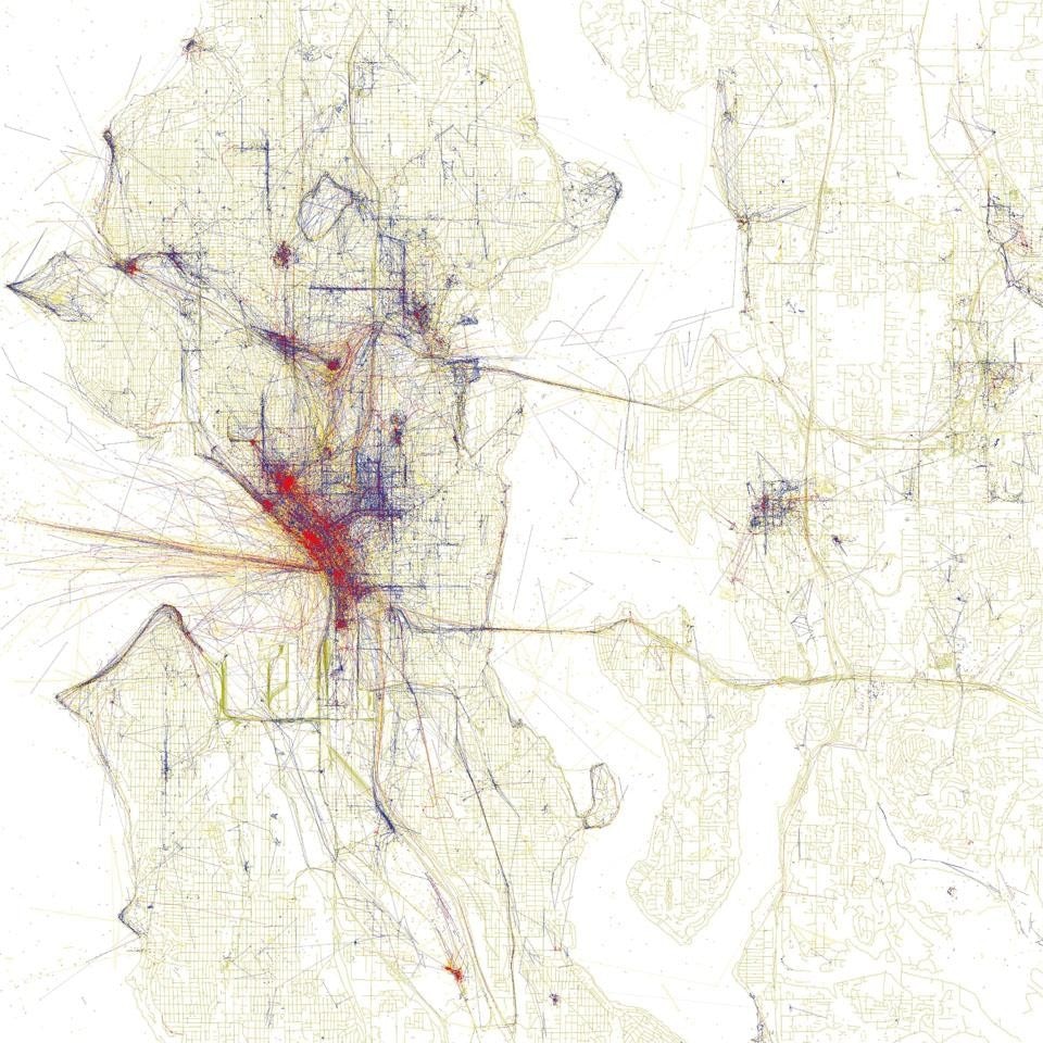 Eric Fischer,
<i>Locals and Tourists #8
(GTWA #24): Seattle.</i>
(base map © OpenStreetMap,
CC-BY-SA) Eric Fischer,
<i>Locals and Tourists #8
(GTWA #24): Seattle.</i>
(base map © OpenStreetMap,
CC-BY-SA)