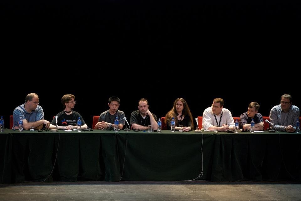 Board of the Wikimedia Foundation. From left: Jan-Bart de Vreede, Samuel Klein, Ting Chen, Jimmy Wales, Kat Walsh, Arne Klempert, Michael Snow, Domas Mituzas. Photograph by Beatrice Murch (blmurch). Board of the Wikimedia Foundation. From left: Jan-Bart de Vreede, Samuel Klein, Ting Chen, Jimmy Wales, Kat Walsh, Arne Klempert, Michael Snow, Domas Mituzas. Photograph by Beatrice Murch (blmurch).