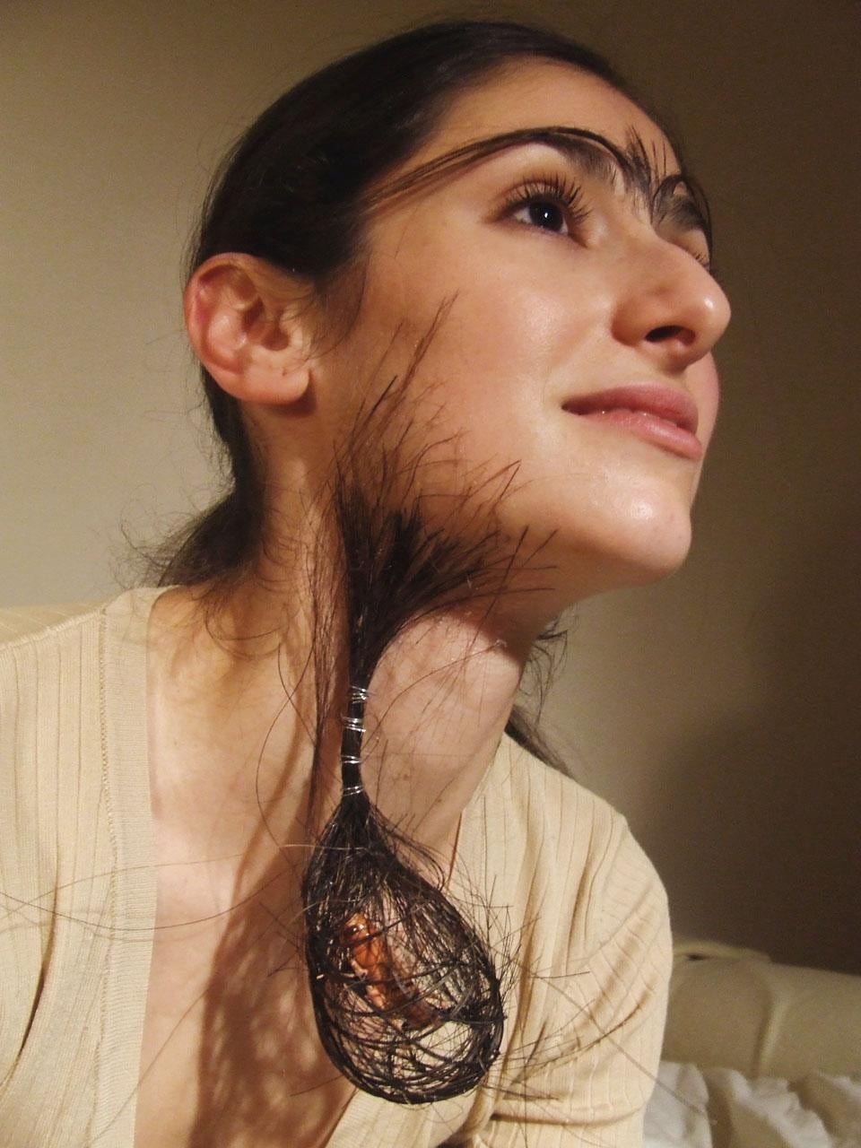 Michael Burton, <i>Hair
Harbourer</i> (from <i>The Race</i>
series), 2007. He exploits
the genetic condition of
hypertrichosis (excessive bodily hair growth) to create
symbiotic habitats for insects,
parasites and bacteria,
prefiguring a throwback state
of the human animal.