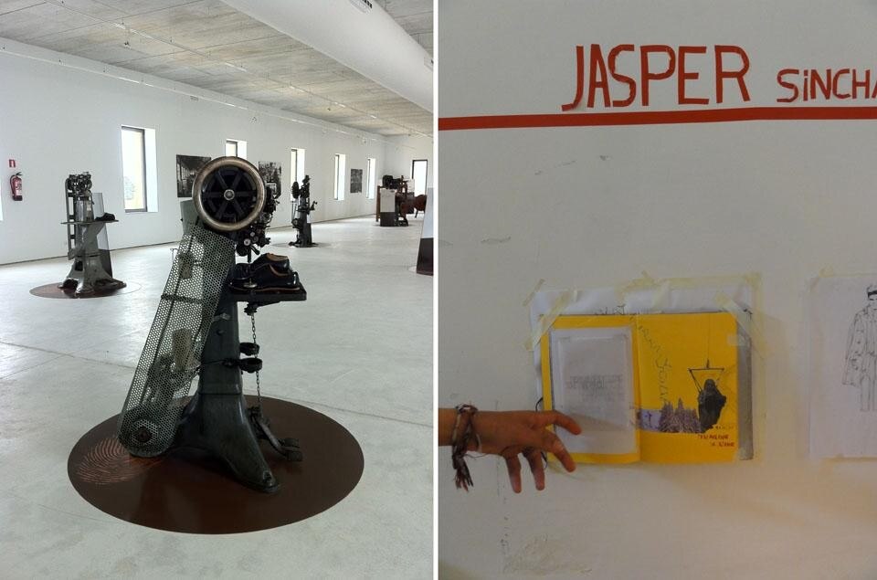 Left: detail of the exhibition in the Footwear Museum of Inca. Right: a booklet by the workshop participants describing their completed projects.