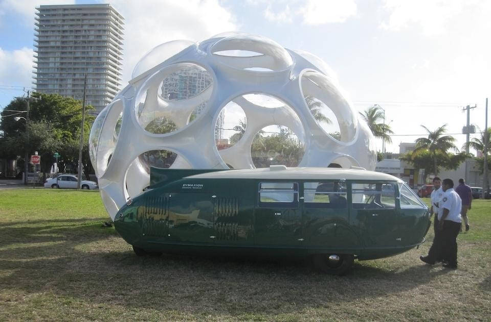 Buckminster Fuller’s Fly’s Eye Dome and a reconstruction of Fuller's Dymaxion car, produced by Lord Norman Foster.