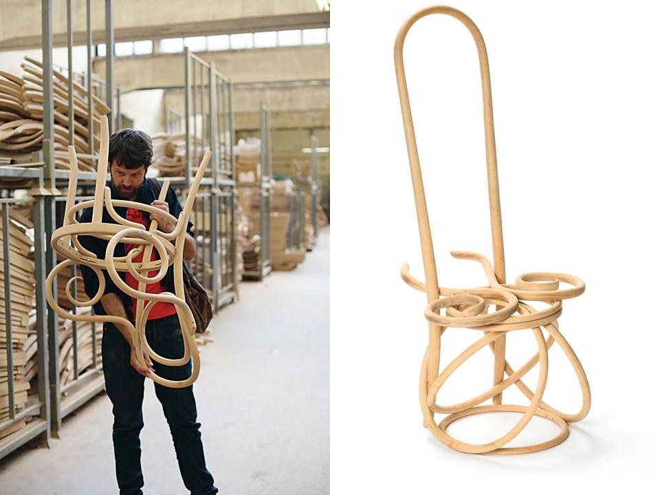 Martino Gamper, Conran
Inspirations (2008). Invited by Terence Conran
to reinterpret the great
design classic of the Thonet
chair, Gamper visited the
Mundus factory in Croatia,
where he collected about
100 single parts which he
then reassembled in new
chairs. Courtesy of Martino Gamper Studio.