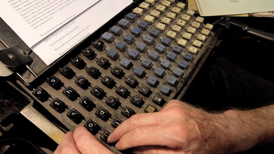 Top: Linotype operator Guy Trower working at a Linotype in Springfield, Missouri. Above: The Linotype has a unique 90-key keyboard Top: Linotype operator Guy Trower working at a Linotype in Springfield, Missouri. Above: The Linotype has a unique 90-key keyboard